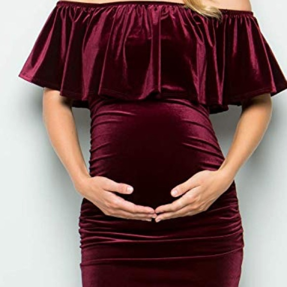 Off-Shoulder Maternity Midi Dress in Burgundy